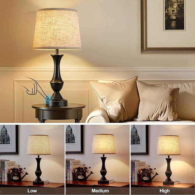 Luvkczc Upgraded Touch Table Lamps Set of 2, 22" Tall Bedside Lamps with USB C+A Ports, Dimmable Nightstand Lamps for Bedroom, Living Room, Office, Black Lamp with Beige Lampshade, Bulb Included