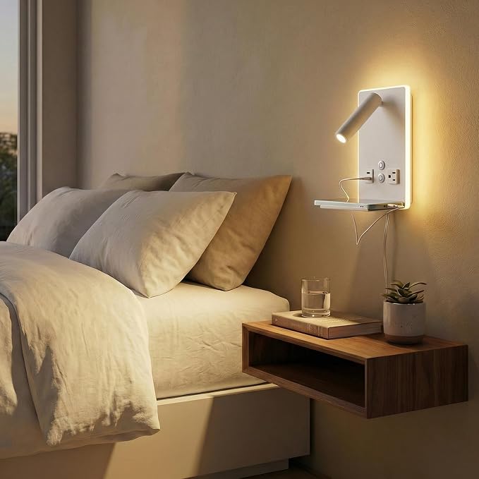 Wall Mounted Reading Light with Shelf - 3 Color Dimmable LED, 360° Adjustable Wall Lamp for Bedroom/Study, Touch Control (White)