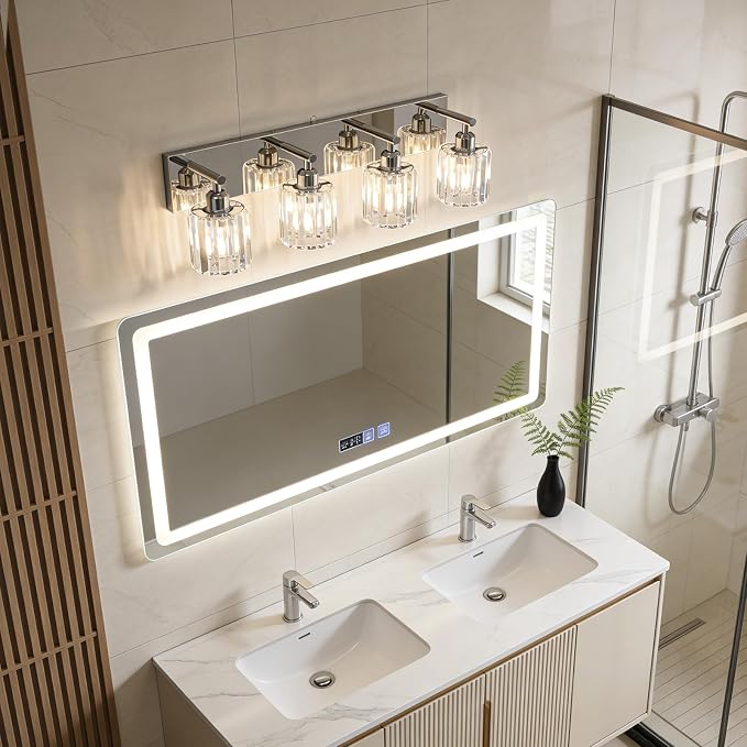 Brushed Chrome Crystal Bathroom Vanity Light, 4-Light Modern Bathroom Lighting Fixtures Over Mirror,Chrome Wall Sconce Light Fixtures with Round Shade