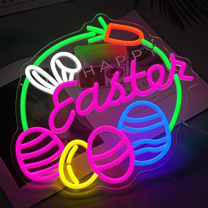 LISIGNVE Easter Neon Sign for Wall Decor Happy Easter Neon Lights with Cute Bunny Eggs LED Rabbit Carrot Light Signs for Bedroom Party Home Bar