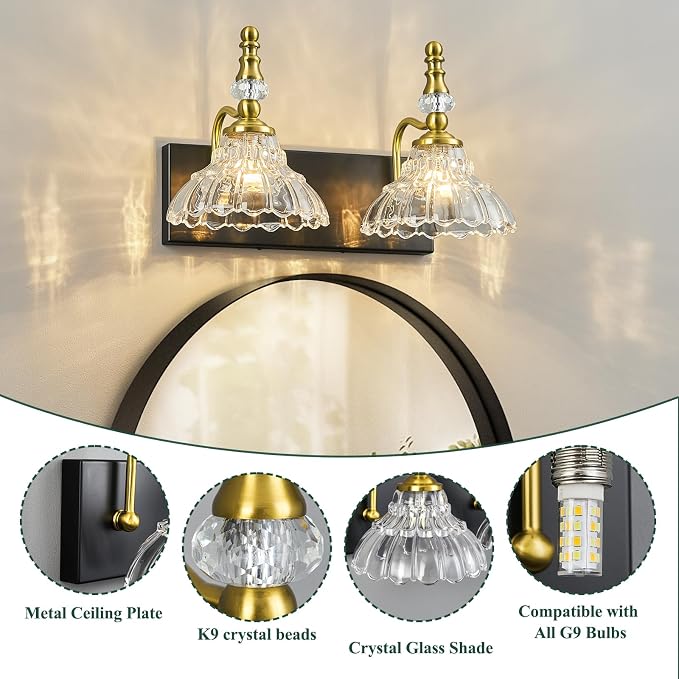Vintage Bathroom Vanity Light, 2-Light Black Gold Vanity Lighting Fixture with Flower Glass Shade, Bathroom Lighting Fixtures Over Mirror
