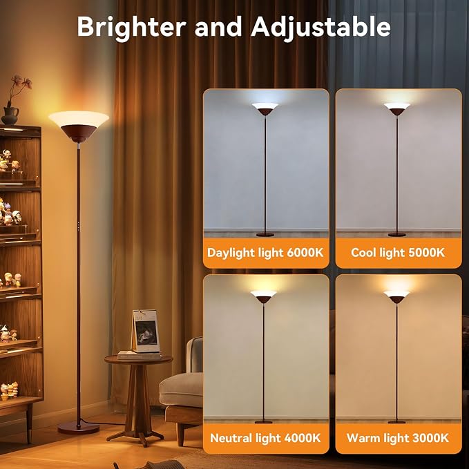 Torchiere Floor Lamp, 72 Inch 30W LED Standing Lamp, 1800LM, Stepless Dimmable, 3000K-6500K, Remote and Button Control, Modern Pole Light for Living Room Bedroom Office, Brown
