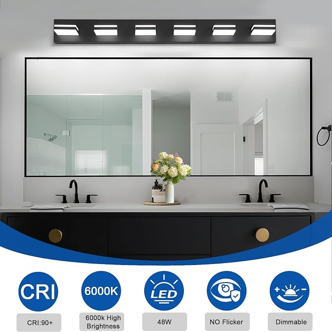 IZORRO LED Modern Bathroom Lights Fixtures(6-Light,Dimmable,360°Rotate),Matte Black Acrylic Wall Lighting,Vanity Lights for Bathroom Over Mirror - 6000k 36In （No Assembly Required）