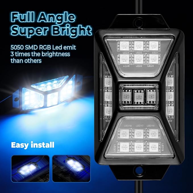 4 Pods Full Angle RGB Rock Lights Compatible with 12V Trucks Jeep UTV SUV ATV Boat Golf Cart, Waterproof Multi-Color, App/Remote Control Led Rock Lights with Music Mode