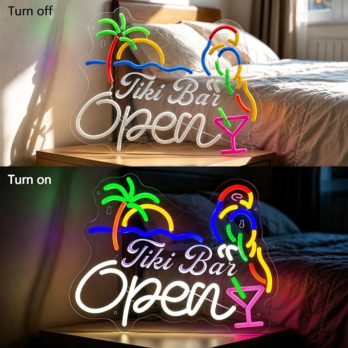 Bar Open Neon Sign for Wall Decor, USB Powered Dimmable LED Open Sign for Business, Tropical Open Neon Signs with Parrot & Palm Tree for Man Cave/Pub//Party/Office/Home Wall Decor (White)