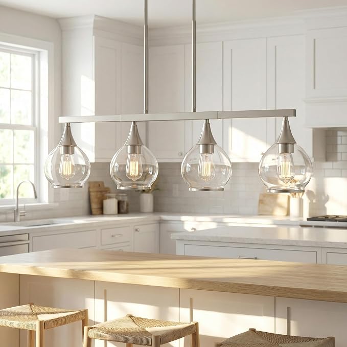 Kitchen Island Linear Pendant Light, 4-Light Brushed Nickeld Dining Room Chandelier with Clear Glass Globe Shades, Modern Linear Lighting Fixture Over Table