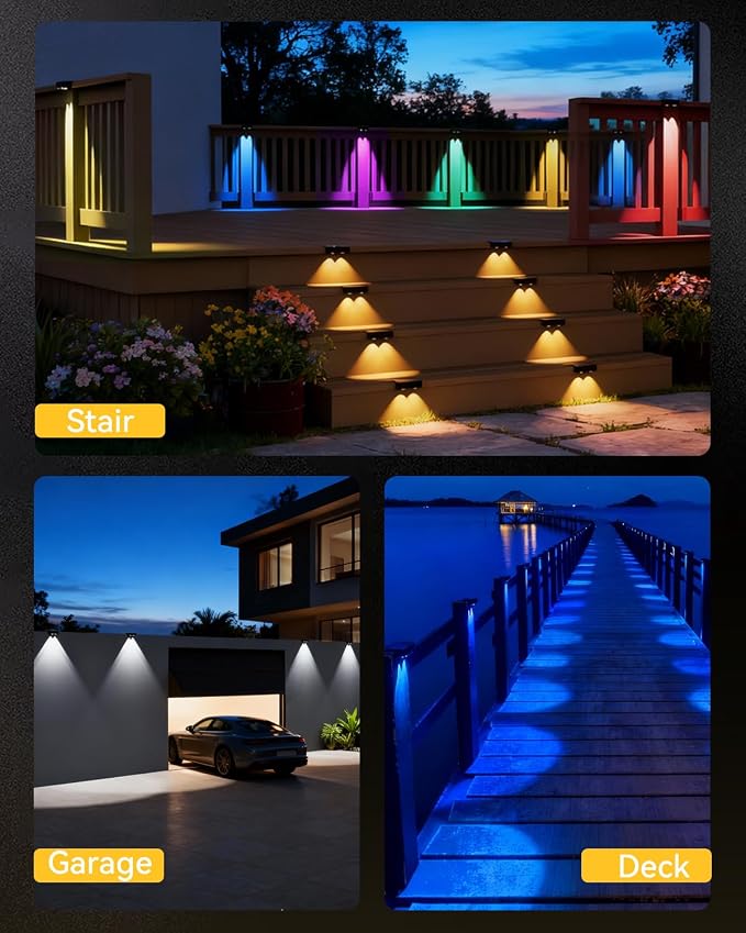 Solar Fence Lights Outdoor with Remote 4 Pack, Warm/Cool White & RGB 12 Modes, Deck Lights Solar Powered Waterproof, Backyard Lights for Step Stairs Railing Balcony Patio Decor