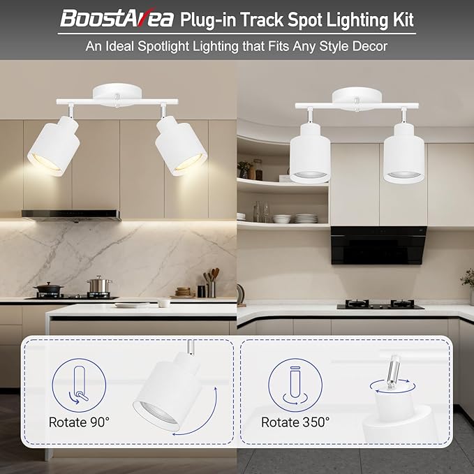BoostArea 2-Light Led Track Lighting,White Ceiling Lighting Fixtures,Wall Sconces Ceiling Spotlight with Foldable Light Arms for Kitchen, Closet, Bedroom,GU10 Socket, Bulbs Not Included