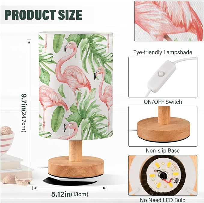 Light Pink Flamingos Tropical Leaves Bedside Table Lamps with USB Port for Bedroom Lamp Accent Table Lamp Small Nightstand Lamp Sturdy Linen Shade Wooden Decorative Lamps for Office Dorm Home