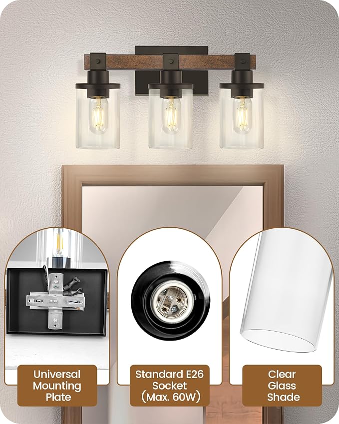 3-Light Bathroom Light Fixture, Farmhouse Vanity Lights for Bathroom with Glass Shade, Rustic Bathroom Light Fixtures, E26 Base F08BD05
