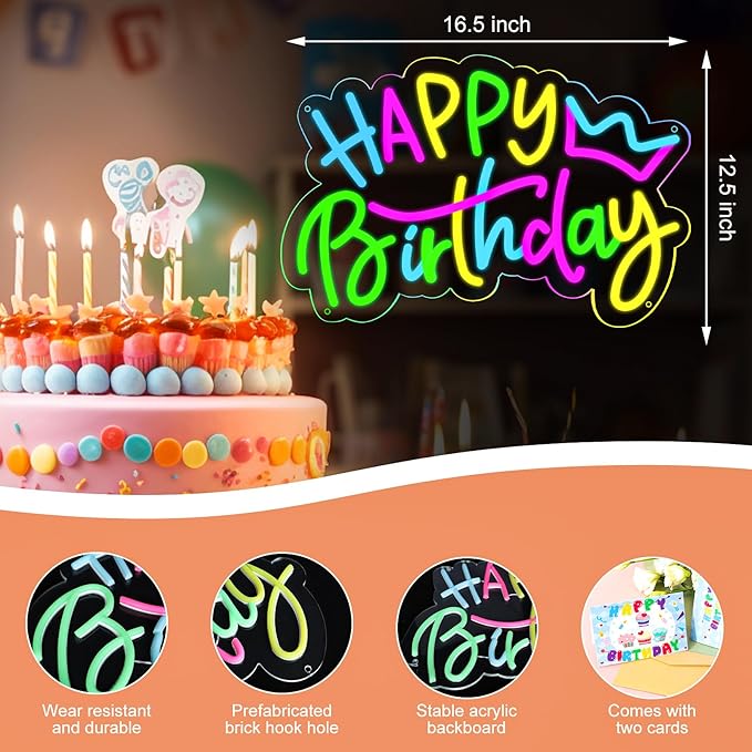 Happy Birthday Neon Sign – Colorful LED Light-Up Sign for Birthday Party Backdrops, USB Powered with Dimmable, Wall Decoration for All Ages, with 2 Birthday Cards, 16.5 x 12.5 Inches