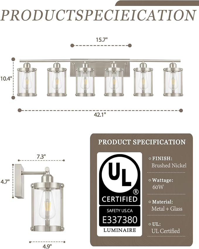 6-Light Brushed Nickel Bathroom Light Fixtures Over Mirror with Clear Glass and Metal Cage Shade, 42" UL-Listed Modern Farmhouse Wall Sconce for Bath, Hardwire E26, OS-3014BN-6W