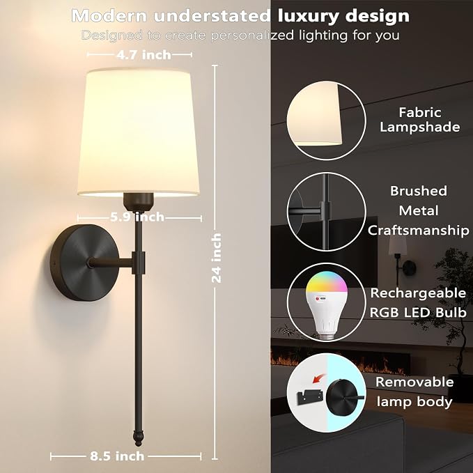 Battery Operated Wall Sconces Set of 2, Wireless Rechargeable Dimmable Wall Light with 5600mAh RGB Bulb and Remote for Bedroom, Living Room, Hallway, Black, 24in