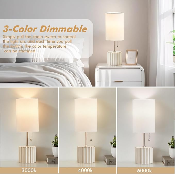 GyroVu Ceramic Small Table Lamp Set of 2, Adjustable Color Temperature Bedside Nightstand Lamps with Pull Chain for Bedroom Living Room Reading, 2 Bulbs