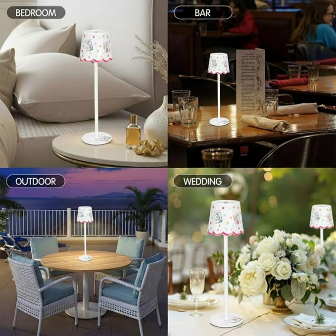 Pickmesh 2 Pack Mahjong Cordless Lamp Scalloped Edge Mahjong Print LED Table Lamp 3 Color Dimmable Rechargeable Modern Lamps for Mah Jong Table Living Room Nightstand Desk(Sweet)