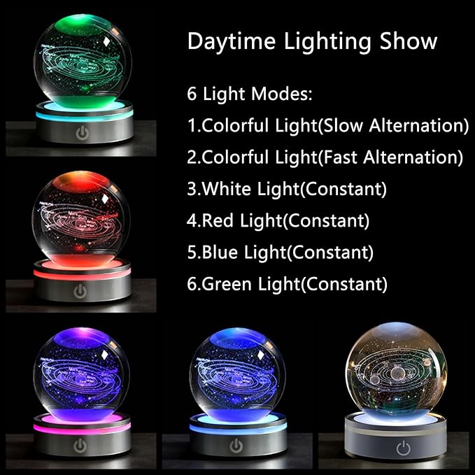 Solar System 3D Crystal Ball with LED Stand, 80mm Galaxy Model Decor Glass Sphere Lamp Night Light, Space Universe Astronomy Gifts for Women Men Mom Kids