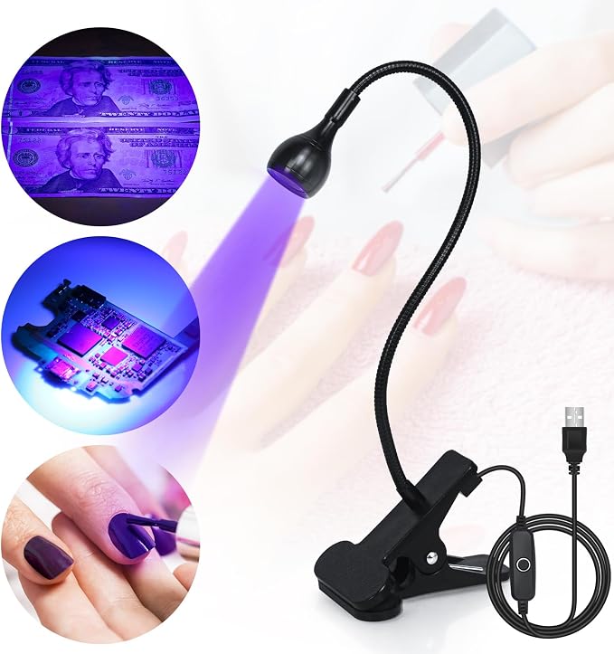 UV Nail Lamp - UV Light for Gel Nails, Flash Cure Lamp | LED Gooseneck Flash Cure Lamp for Nails, Manicure Dryer Black Light with Clamp, 365+395nm 5V 3W 4 Levels Dimming Black