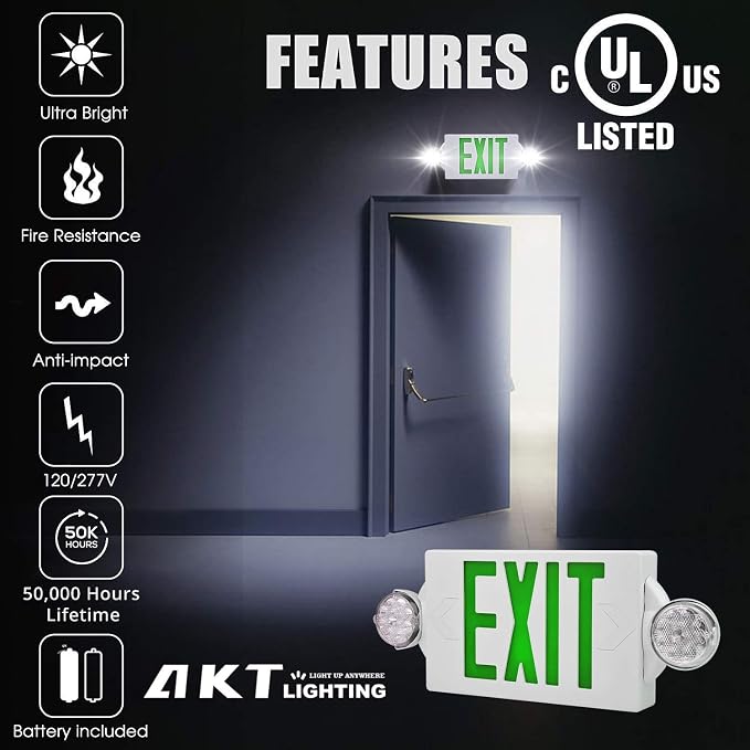 LED Emergency Light & Exit Sign Combo, Green Exit Sign, UL Certified Emergency Exit Light, Adjustable Lamps with Back-up Battery for Business (Green, 6 Pack)