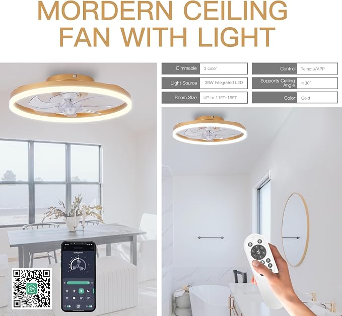 Modern Gold Ceiling Fans with Lights,20" Dimmable Flush Mount Low Profile Ceiling Fans with Remote Control,Indoor Smart Ceiling Fan with Light for Bedroom