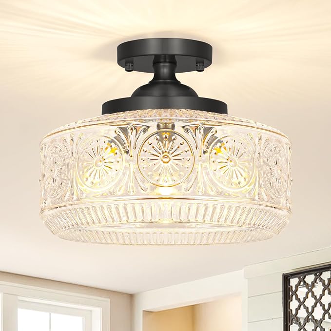 DSMJFU Black Semi Flush Mount Ceiling Light, 3-Light Vintage Ceiling Light Fixture, Hallway Lighting Fixture with Thickened Glass, 12In Kitchen Ceiling Mount Light for Entryway Bedroom Bathroom, E12*3