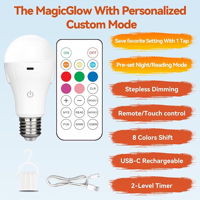 Neporal MagicGlow Rechargeable Light Bulbs with Remote, Memory Mode, 8 Colors Shift + Dimmable Battery Powered Light Bulbs, USB Rechargeable, A19 Emergency LED Bulbs, 15W (2, Rgb-3000-4000-6000k)