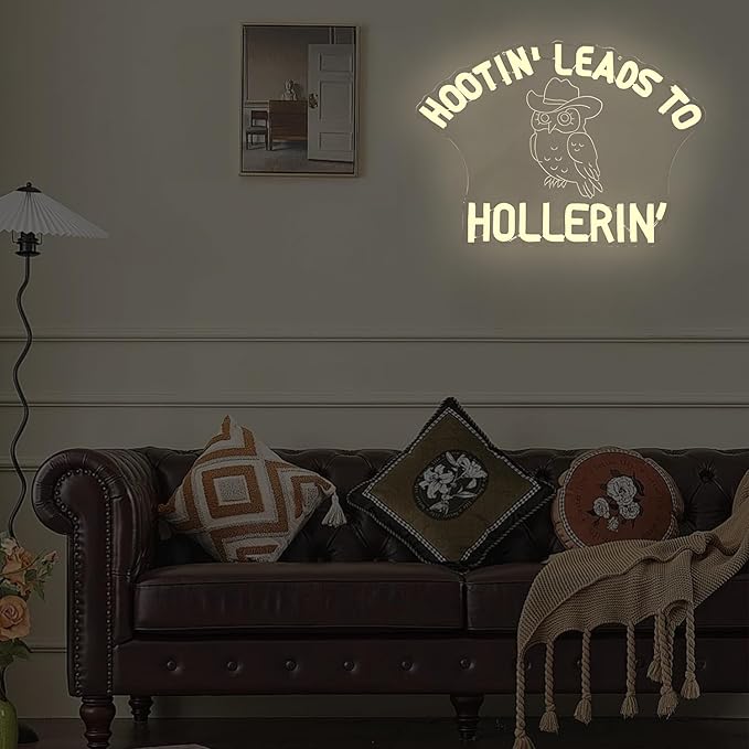 Hootin' Leads To Hollerin' Neon Sign for Wall Decor Western Country Led Sign Owl Light Up Sign Western Cowboy Neon Light for Music Festival Country Bar Restaurant Funny Home Room Party Decorations