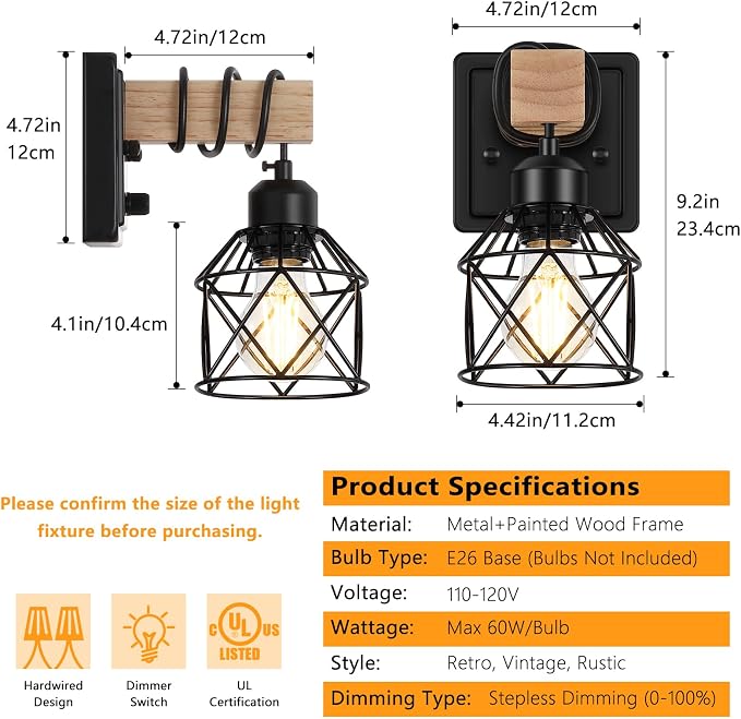 FadimiKoo Farmhouse Wall Sconces 4 Pack, Bedside Wall Lamps with Dimmer ON/Off Switch, Black Wall Light Fixtures with Metal Cage, Rustic Wooden Sconces Wall Lighting for Living Room, Hallway, Bathroom
