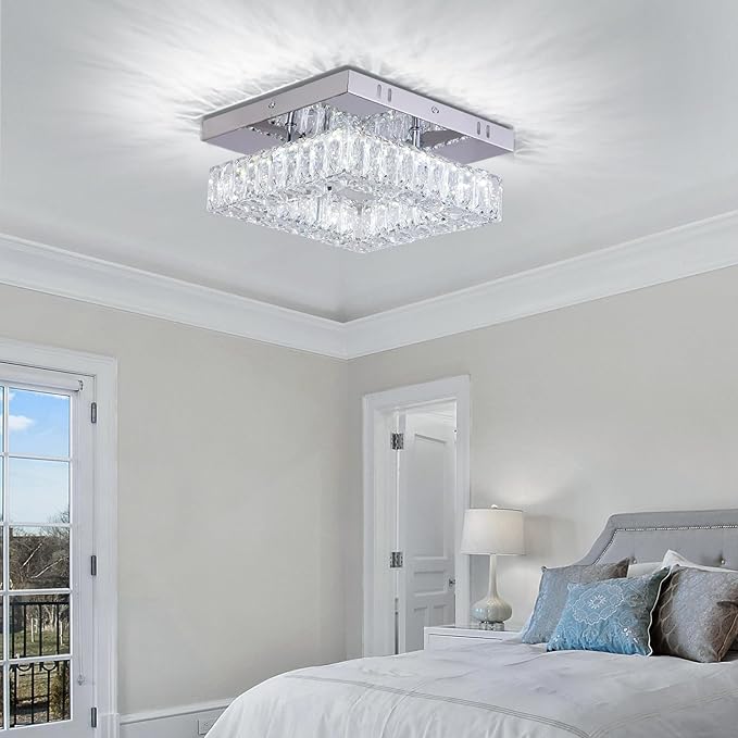 Mini Modern Crystal Chandeliers Square Flush Mount Ceiling Light LED Chandelier for Hallway Kitchen Foyer Dining Room,Dia 9.8",18 W 6000K