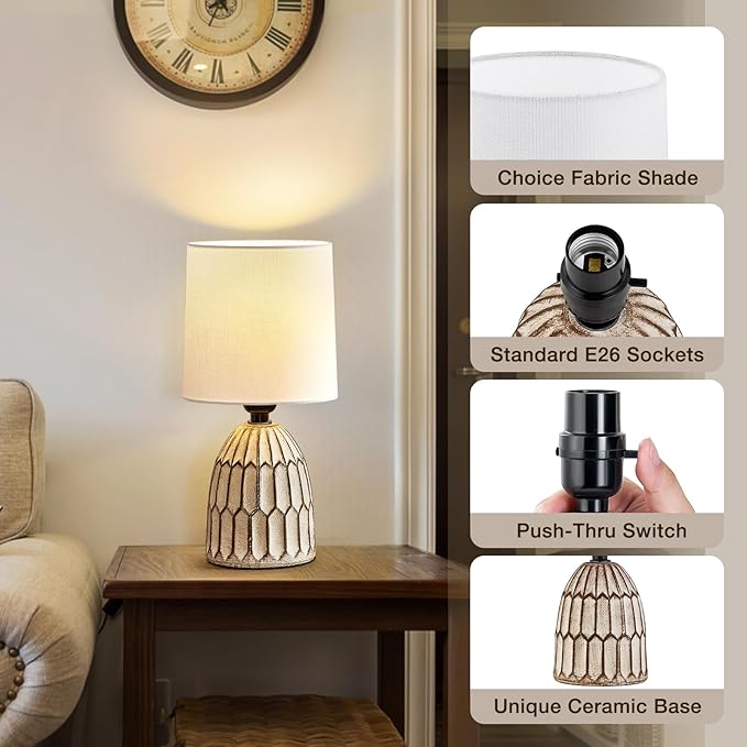 EJIAXIN Table Lamps Set of 2-13.5" Small Boho Lamp - Bedside Lamps - Farmhouse Rustic Ceramic Table Lamp for Bedroom, Living Room, Nightstand, Office, Side Desk Lamp, End Table Lamp