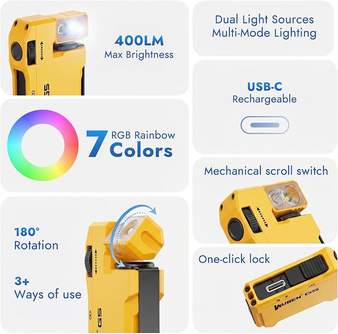 WUBEN G5 EDC Rechargeable Flashlight, Mini Bright Small Pocket Flash Light | 400 Lumens Dual Light Source LED Flashlight with RGB, Magnetic Flat Compact Keychain Flashlight for Home, Camping, Emergency