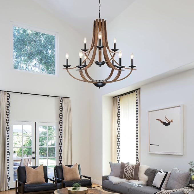 LAMPKEDUO Farmhouse Chandeliers for Dining Room Light Fixture,2 Tier 9-Light 31" Adjustable Height Retro Faux Wood Texture Rustic Light Fixtures for Living Room Bedroom Foyer Entryway
