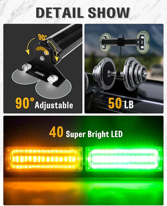 HLauto 1002L Emergency Strobe Traffic Advisor Light Bar: 40 LED Dash Safety Warning Flashing Light, Front/Rear Windshield Visor for Construction Vehicle, Tow/Plow Truck (2x10.7inch, Amber Green)