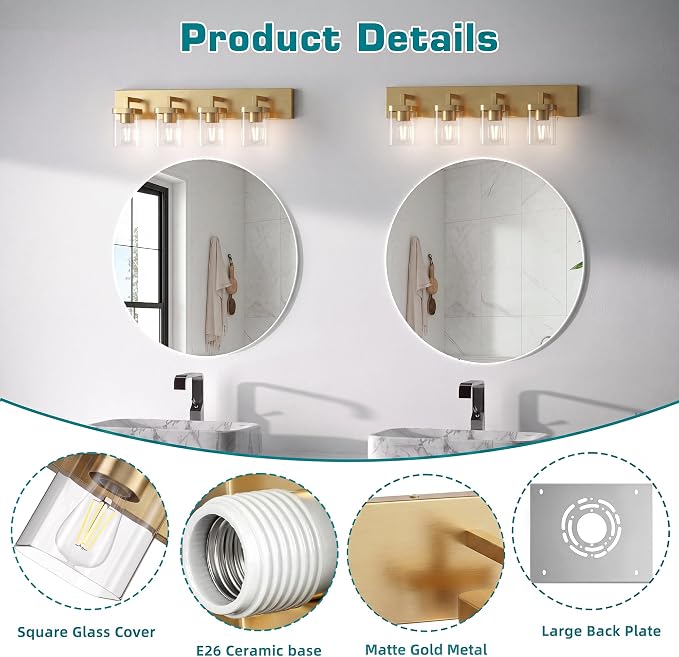 Bathroom Lighting Fixtures Over Mirror, Square Design & Rectangle Large Backplate, 4 Lights Modern Vanity Lighting Fixtures, Bathroom Light Fixtures for Bathroom/Living Room/Bedroom, Gold