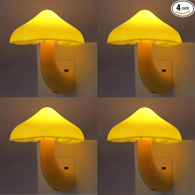 LED Mushroom Night Light Plug in Lamp, 4 Pack Light Sensor Night Lights Plug into Wall, Dusk to Dawn Soft Warm Yellow NightLight for Adults Kids Room Bedroom Bathroom Hallway Kitchen