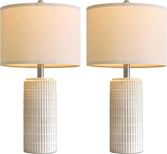 PoKat 23’’ Dimmable Table Lamps Set of 2 with Remote for Living Room, White | Modern Bedside Lamps for Bedroom, Stepless Adjustable, Farmhouse Ceramic Lamp for Nightstands, Blubs Included, No Battery