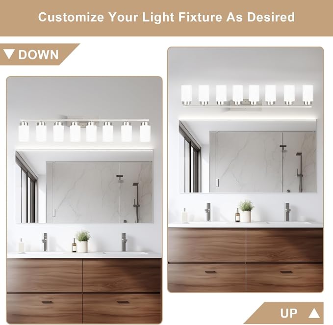 IZORRO Modern Bathroom Light Fixtures, 8 Light Brushed Nickel Vanity Lights, Bathroom Lighting Fixtures Over Mirror with White Glass for Living Room Cabinet Bedroom