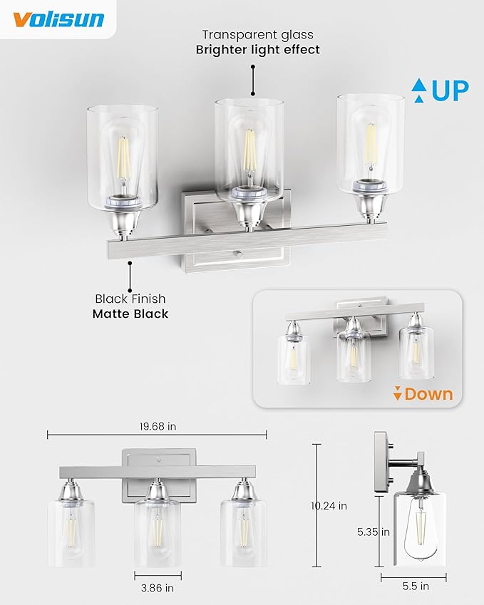 VOLISUN Brushed Nickel Bathroom Light Fixtures, 3-Light Bathroom Vanity Light Over Mirror, Modern Vanity Lights for Bathrooms, Bathrooms Lights Fixtures Over Mirror with Clear Glass Shades