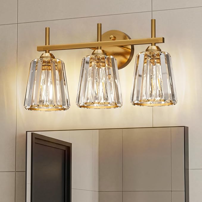 Crystal Bathroom Light Fixtures Over Mirror, Gold 3-Light Bathroom Vanity Lights Over Mirror Modern Wall Lighting Sconces with Ceramic E26 Base (Bulbs Not Include)