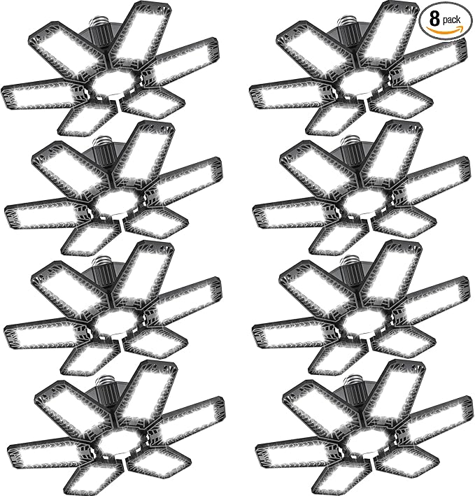 8 Pack Garage Light - 180W 18000 LM 6500K Deformable Garage Lights Ceiling LED with 6+1 Adjustable Panels, Shop Lights E26/E27 Screw Socket for workshops, Parking, Basement, Storage Room
