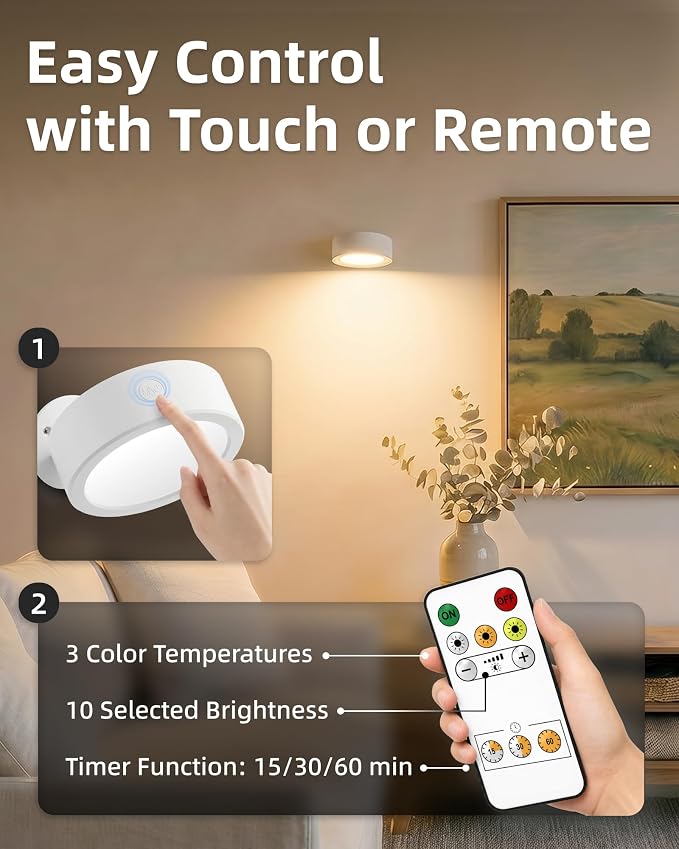 EZVALO LED Wall Mounted Light, 3000mAh Rechargeable Cordless Wall Sconce, 3 Color Temperatures, Dimmable with Remote & Touch Control, 360° Rotatable for Bedroom, Bedside, Reading, Study (White)