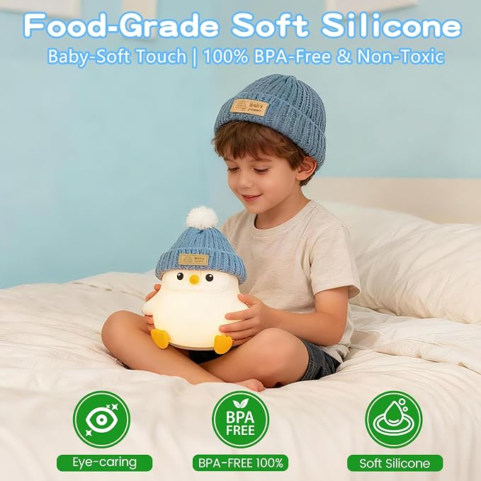 FAMIDUO Penguin Night Light for Kids, Silicone Nursery Lamp with Knit Hat