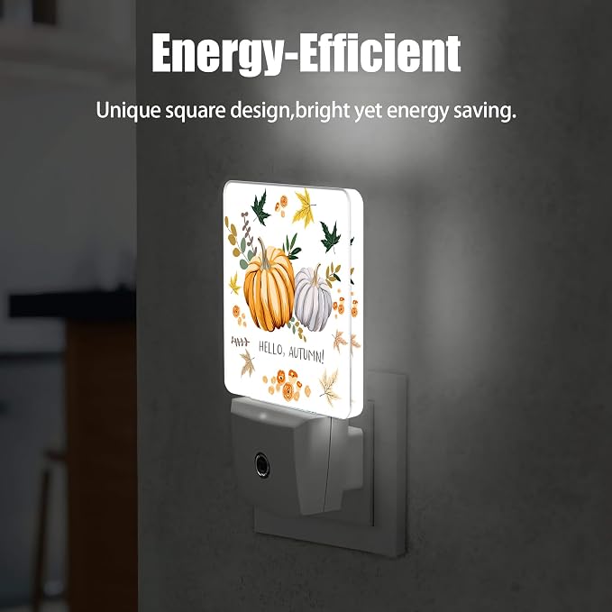 Hello Autumn Night Light, Orange Pumpkins Night Lights Plug into Wall Decor for Bedroom, Bathroom, Hallway, Kitchen, Dusk to Dawn Sensor Nightlights for Boys Girls Women Men Room Gifts