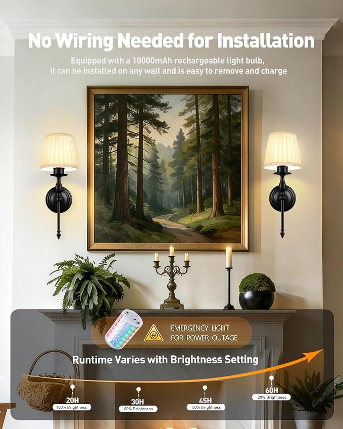 10000mAh Battery Operated Wall Sconce Set of 2,Rechargeable Wall Sconces set of Two,Vintage Black Sconces Wall Decor,Wireless Wall Lamp,Cordless Wall Lights Living Room Bedroom (Not Peel and Stick on)