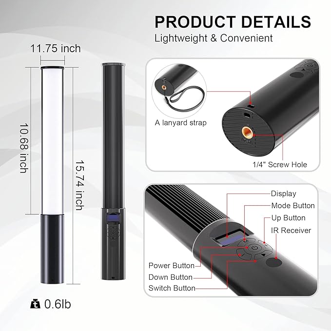 RGB LED Light Wand 360°RGB Handheld Video Light Stick for Studio Photography, Battery Powered Tube Lights, 12 Lighting Effects, 2500-6500K Dimmable Camera Light with LCD