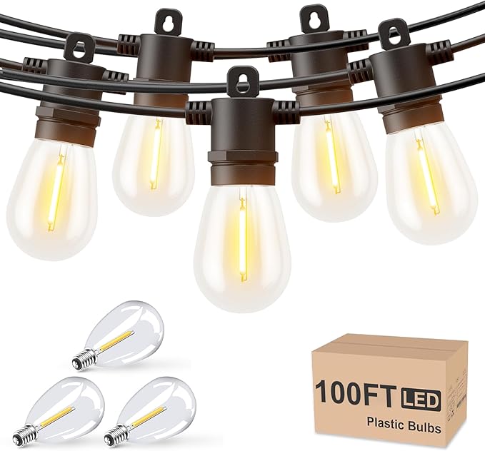 Svater Outdoor String Lights LED 100FT, Waterproof for Outside Patio Light | Commercial Grade Hanging Lighting for Bistro Cafe Backyard Porch Party, Shatterproof IP65 LED Bulbs,Warm White