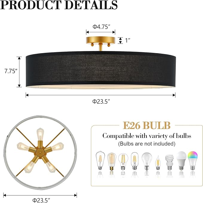 VILUXY Black and Gold Semi Flush Mount Ceiling Light Fixture, 24’’ Large Modern Ceiling Light with Linen Fabric Shade 5-Light Drum Ceiling Lamp for Bedroom Living Dining Room Enteyway