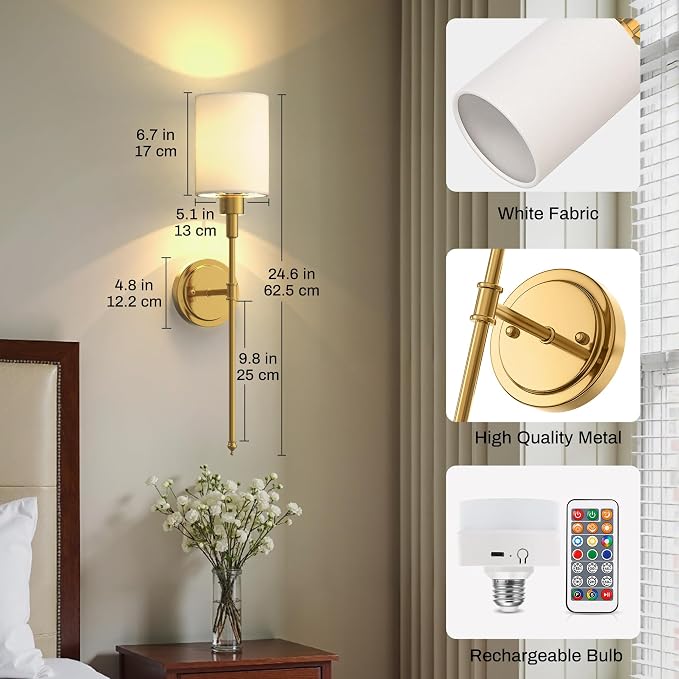 Battery Operated Wall Sconce: Set of 2 Wireless Wall Lights with 12000mAh | 15 Color Rechargeable Wall Sconces, Not Harwired Sconce Wall Decor Set of 2 for Bedroom, Living Room, Gold 24.3in