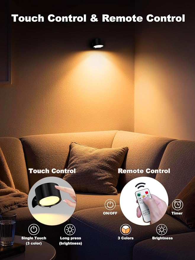 Smiling Shark Wall Light F9, Rechargeable Wall Mounted Lamp LED 3 Color & 4 Brightness Stepless Dimming 360° Rotate Magnetic Ball Cordless Wall Sconce Lamp for Bedroom Reading Bedside (2, Black)