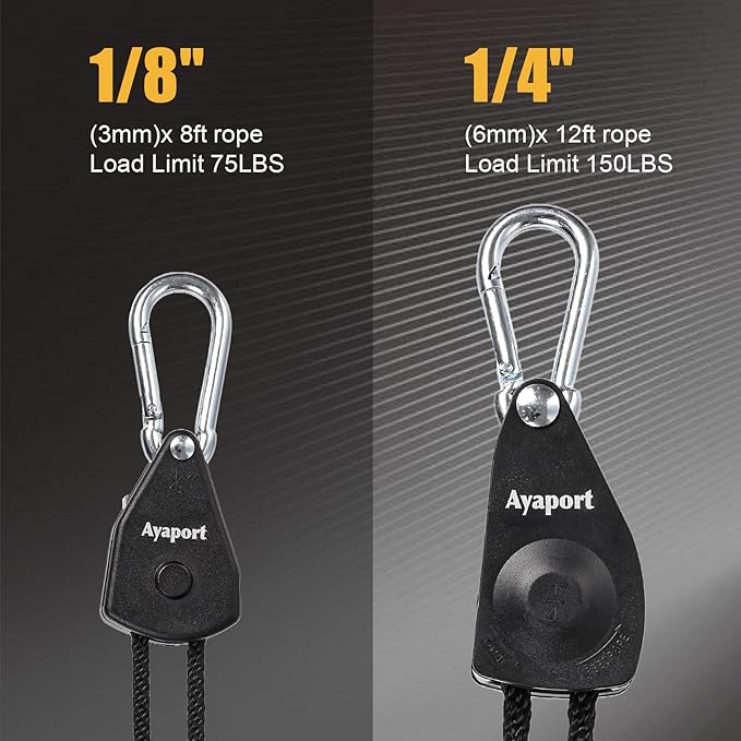 Ayaport Adjustable Rope Hanger Grow Light Hanger, 12Ft 1/8" Heavy Duty Plant Pulley Rope Tightener Ratchet Tie Down for Kayak, Tarp, Tent Tie Downs, 4 Pack