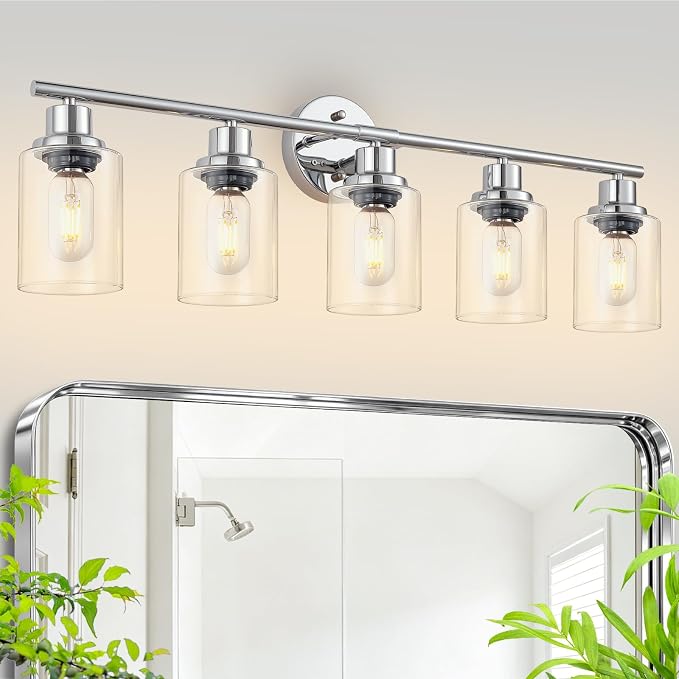 5-Light Bathroom Light Fixtures, Modern Chrome Vanity Lights for Bathroom with Clear Glass Shade, Wall Lamps for Mirror Hallway Kitchen Cabinet Living Room Sconces Lights